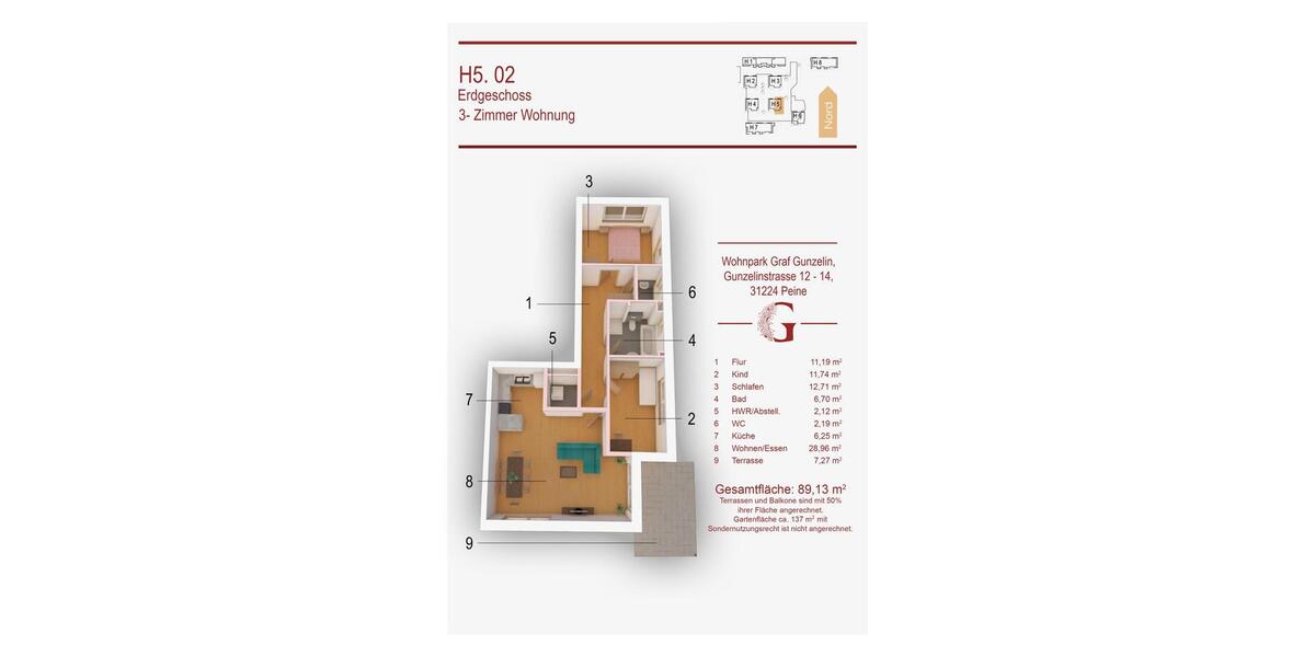Erdgeschoßwohnung Peine - 3 Zimmer, 89 m&sup2;, 1.025&euro; | Angebot:20971178