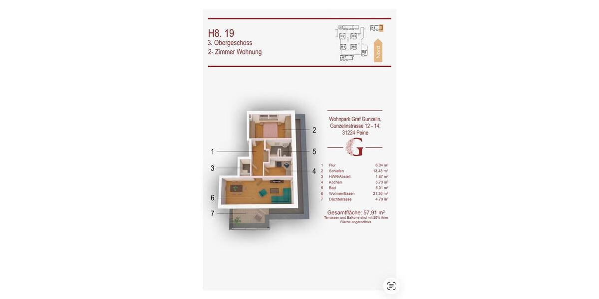 Etagenwohnung Peine - 2 Zimmer, 57 m&sup2;, 725&euro; | Angebot:25946894